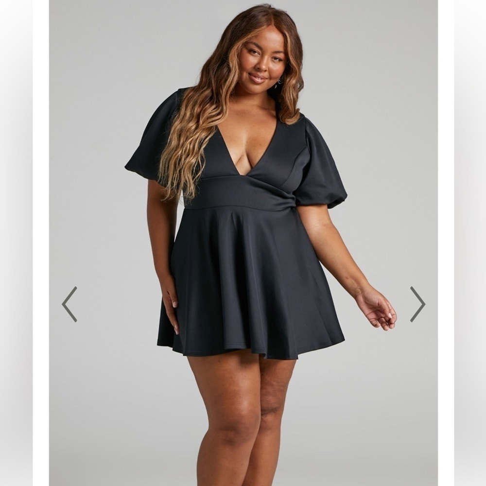 NWT Showpo. Margerie Plunge Puff Sleeve Fit & Flare Black Mini Dress Size 16